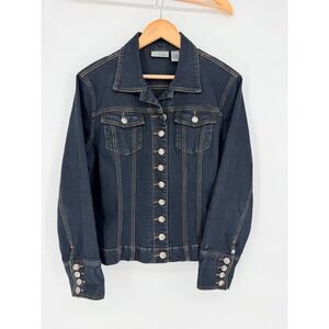 Chicos Platinum Dark Wash Denim Jacket Size 2 Indigo Button Front Stretch Cotton